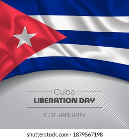 Cuba happy liberation day greeting card, banner vector illustration. Cuban national holiday 1st of January square design element with waving flag