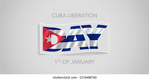 Cuba happy liberation day vector banner, greeting card. Cuban wavy flag in nonstandard design for 1st of January national holiday 