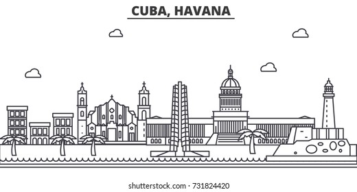 Cuba, Havana architecture line skyline illustration. Linear vector cityscape with famous landmarks, city sights, design icons. Landscape wtih editable strokes