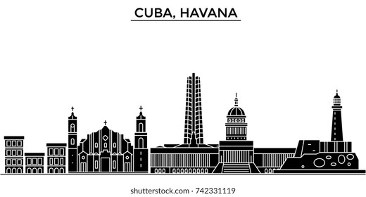 Cuba, Havana architecture vector city skyline, travel cityscape with landmarks, buildings, isolated sights on background