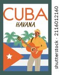Cuba Havana banner or poster mockup with cuban man playing guitar, flat vector illustration. Design of advertising banner for tourism and travel to Cuba.