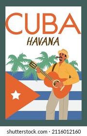 Cuba Havana banner or poster mockup with cuban man playing guitar, flat vector illustration. Design of advertising banner for tourism and travel to Cuba.