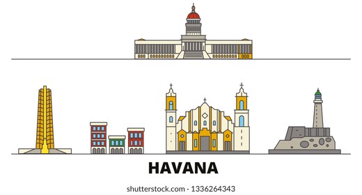 Cuba, Havana flat landmarks vector illustration. Cuba, Havana line city with famous travel sights, skyline, design. 