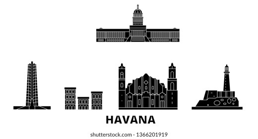 Cuba, Havana flat travel skyline set. Cuba, Havana black city vector illustration, symbol, travel sights, landmarks.