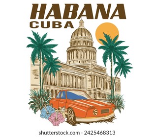 Cuba Diseño gráfico de camisetas de La Habana. Impresión de tipografía de Cuba con sol, coche. Póster vintage. Palmera con edificio.