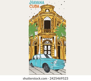 Cuba Havana graphic t shirt print design. Vintage poster artwork. Palm tree with building. Watercolor hand painting city sketch.  Cuba typography print with sun, car.