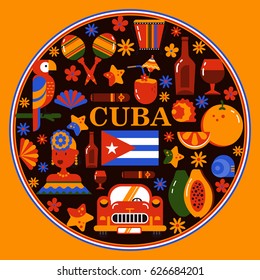 Cuba Havana Illustration. Icons Of Cuban Culture And Food