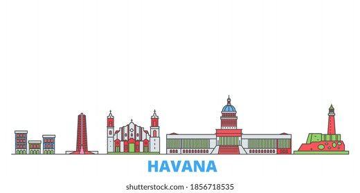 Cuba, Havana line cityscape, flat vector. Travel city landmark, oultine illustration, line world icons