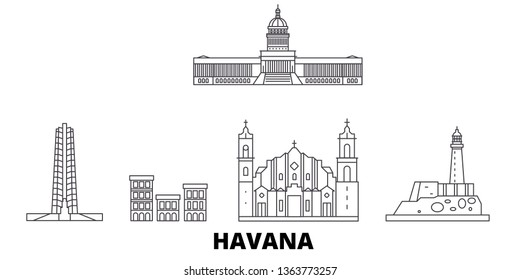 Cuba, Havana line travel skyline set. Cuba, Havana outline city vector illustration, symbol, travel sights, landmarks.