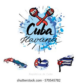 Cuba Havana logo. hand lettering and colorful watercolor elements background. Vector illustration hand drawn isolated