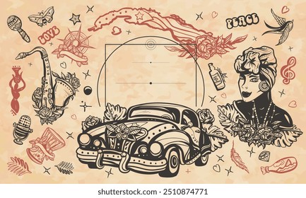 Cuba. Havana retro cars. Map, beautiful cuban woman, music. Old paper vector. Cover page template. Art background. Medieval manuscript style. History and culture, island of freedom