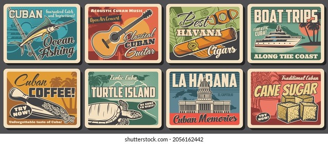 Cuba and Havana travel landmark retro posters. Vector Caribbean Sea beach, tropical palms, Cuban map, tobacco cigar, coffee and guitar, Havana capitol building, fishing boat, blue marlin and turtle