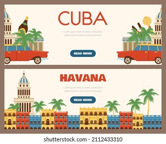 Cuba Afiches de viaje o panfletos de La Habana, ilustración plana vectorial. Acogedora colección de plantillas de banners horizontales de turismo con elementos de la arquitectura de La Habana.