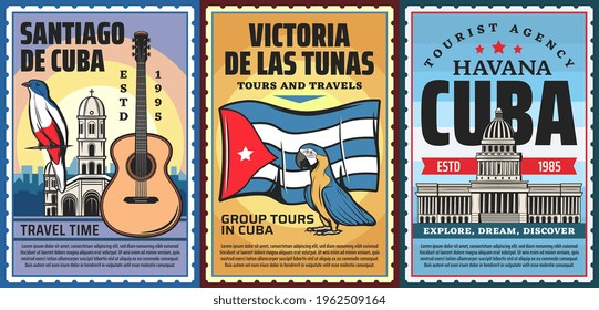 Cuba and havana vacation travel tours vector retro banners. Cuban trogon bird, catholic church and classical guitar, cuba national flag, macaw parrot and capitol building. Tourist agency trip poster