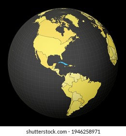 Cuba en el oscuro globo con mapa del mundo amarillo. País resaltado con color azul. La proyección mundial por satélite se centró en Cuba. Ilustración vectorial limpia.