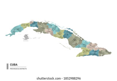 Cuba higt detailed map with subdivisions. Administrative map of Cuba with districts and cities name, colored by states and administrative districts. Vector illustration.