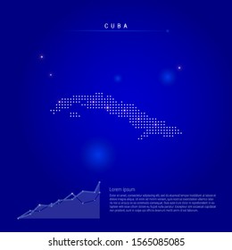 Cuba illuminated map with glowing dots. Infographics elements. Dark blue space background. Vector illustration. Growing chart, lorem ipsum text.