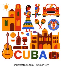 Cuba illustration. Collection of vector icons of Cuban culture and food. Maracas, guitar, retro car, papaya, the dish with lobster and a portrait of a Cuban woman in trendy flat style