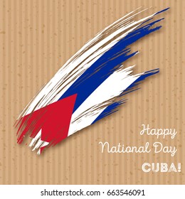 Cuba Independence Day Patriotic Design. Expressive Brush Stroke in National Flag Colors on kraft paper background. Happy Independence Day Cuba Vector Greeting Card.