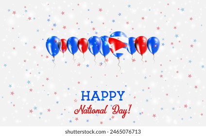 Cuba Independence Day Sparkling Patriotic Poster. Row of Balloons in Colors of the Cuban Flag. Greeting Card with National Flags, Confetti and Stars.
