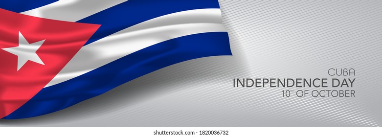 Cuba independence day vector banner, greeting card. Cuban wavy flag in 10th of October national patriotic holiday horizontal design