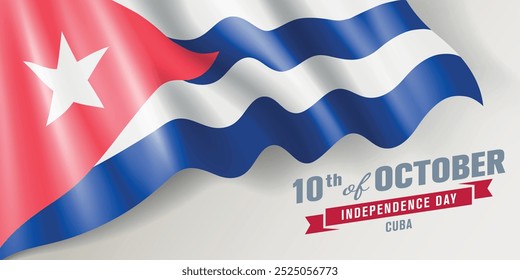 Anuncio de Vector del día de la independencia de Cuba, tarjeta de felicitación. Bandera ondulada cubana en el diseño Horizontal de la fiesta patriótica nacional del 10 de octubre