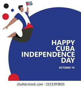 Cuba independence day vector illustration with a man jumping and holding the national flag. Caribbean country public holiday.