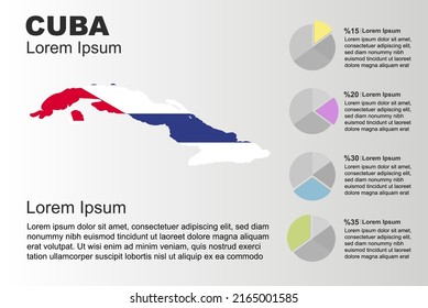 Cuba infographic general use vector template with pie chart, copy space statistics idea, Cuba country flag map with graphic, presentation idea, blank area graph for data, grey background