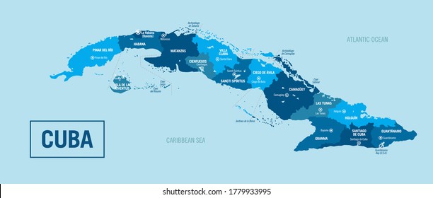 Cuba Island Country political map. Detailed vector illustration with isolated provinces, regions, cities, islands, provinces, states and departments easy to ungroup.