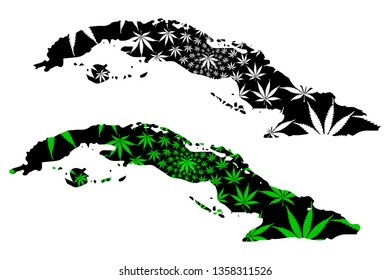 Cuba island - map is designed cannabis leaf green and black, Republic of Cuba map made of marijuana (marihuana,THC) foliage,