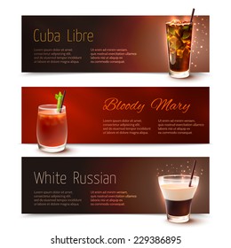 Cuba Libre Bloody Mary White Russian cocktails horizontal banner set isolated vector illustration