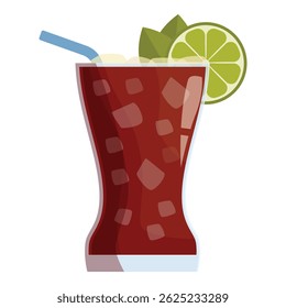 Cuba libre cocktail is garnished with a lime wedge and fresh mint leaves