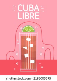 Cuba libre cóctel en vidrio con hielo. Clásica tarjeta cuadrada de ilustración de alcohol de verano. Afiche mínimo con bebida alcohólica. Ilustración vectorial brillante.Decoración de paredes, impresiones, afiche