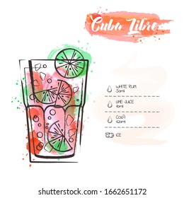 Cuba libre. Cocktail infographic set. Vector illustration. Colorful watercolor background
