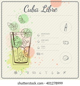 Cuba Libre. Cocktail infographic set. Vector illustration. Colorful watercolor background