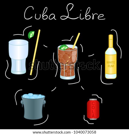 Cuba Libre Cocktail ingredients isolated vector colorful illustration