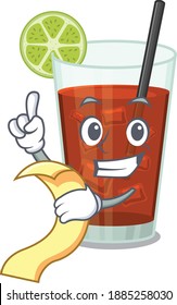 Cuba libre cocktail mascot character style with a menu on his hand