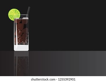 Cuba Libre cocktail on black mirrored background. Vector illustration for web and print,  party invitation or menu decoration