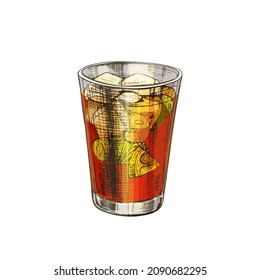 Cuba libre cocktail. Vintage hatching vector color illustration. Isolated on white background