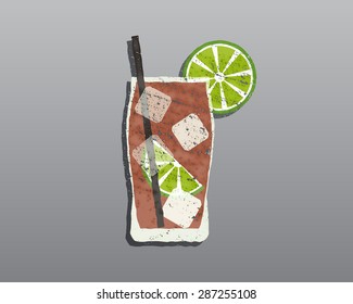 Cuba Libre cocktail with. Fresh grunge design with slice of lime and shadow. Isolated On stylish grey background. Vector illustration