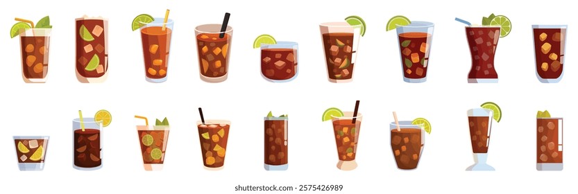 Cuba libre drink icons set. Collection of refreshing cocktails featuring cuba libre, rum and cola variations, adorned with lime wedges, mint leaves, and ice cubes, perfect for summer enjoyment