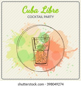 Cuba Libre. Hand drawn vector illustration of cocktail. Colorful watercolor background