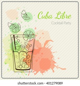 Cuba Libre. Hand drawn vector illustration of cocktail. Colorful watercolor background