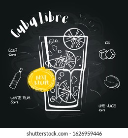Cuba Libre. Image of a cocktail and a set of ingredients for making a drink at the bar. Sketch on a black chalkboard. Vector illustration