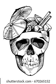 Cuba libre with paper umbrellas in a skull. Cocktail party emblem, vintage hand-drawn style.