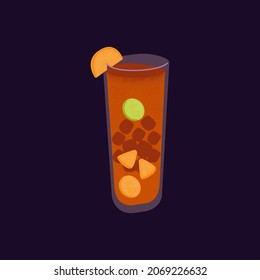 Cuba Libre, rum and coke cocktail in glass. Alcohol drink with ice, lime and orange fruit piece for decor. Cold summer refreshing highball beverage with cola and whiskey. Flat vector illustration