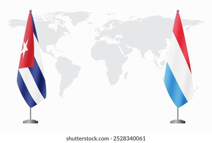 Cuba and Luxembourg flags for official meeting against background of world map.
