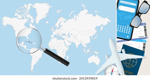 Cuba is magnified over a World Map, illustration with airplane, passport, boarding pass, compass and eyeglasses. Vector illustration.