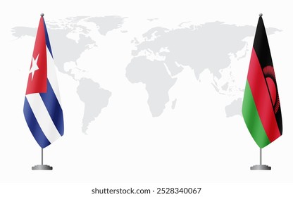 Cuba e Malawi bandeiras para reunião oficial contra fundo do mapa do mundo.