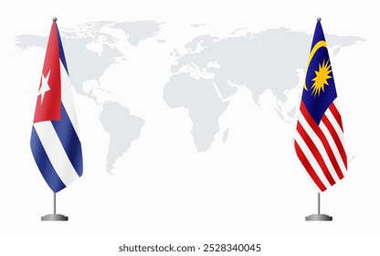 Cuba and Malaysia flags for official meeting against background of world map.
